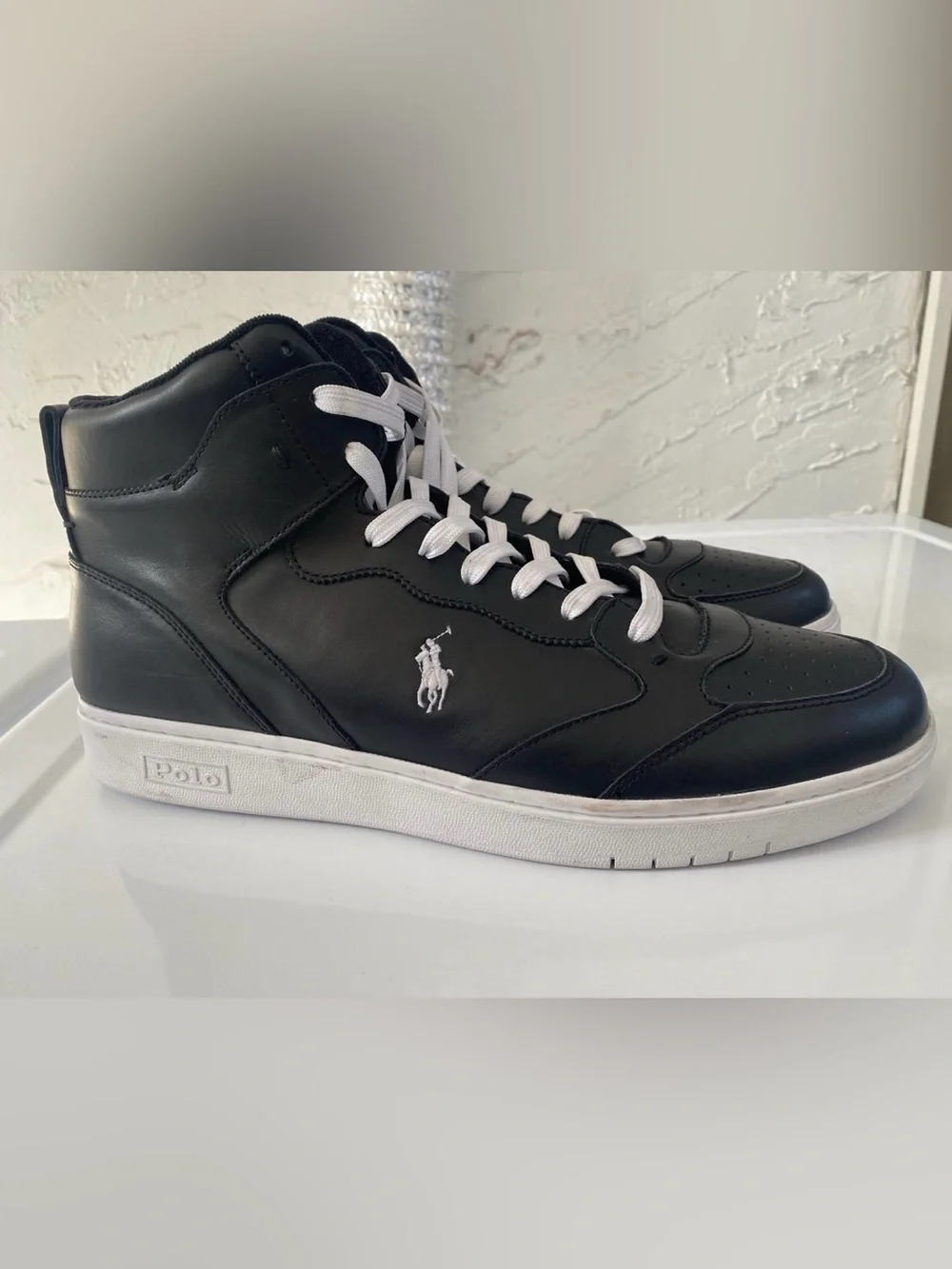 Polo by Ralph Lauren size 14 Black Leather High-Top Sneakers with White Accents